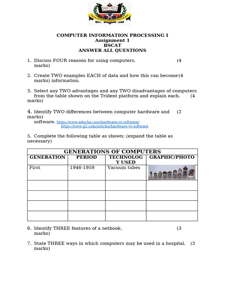 Introduction To Computers Assignment 1 | PDF