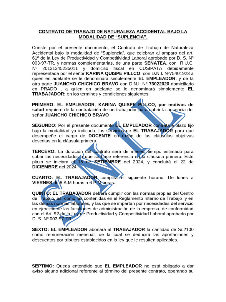 Contrato de Trabajo Accidental Suplen0cia Grupo | PDF | Derecho laboral ...