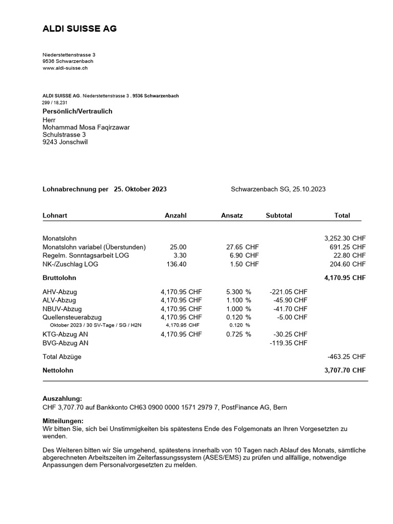 Lohnabrechnung - Oktober 2023, 18231 Mohammad Mosa Faqirzawar 5 | PDF