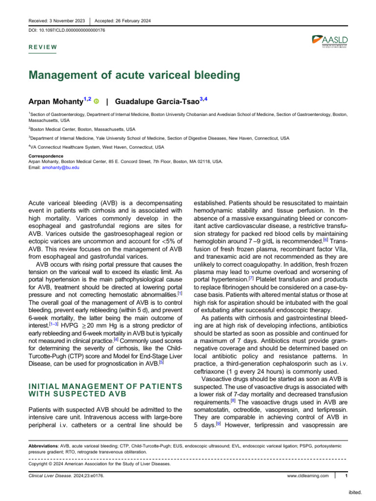 Arpan Mohanty Management of Acute Variceal Bleeding | PDF