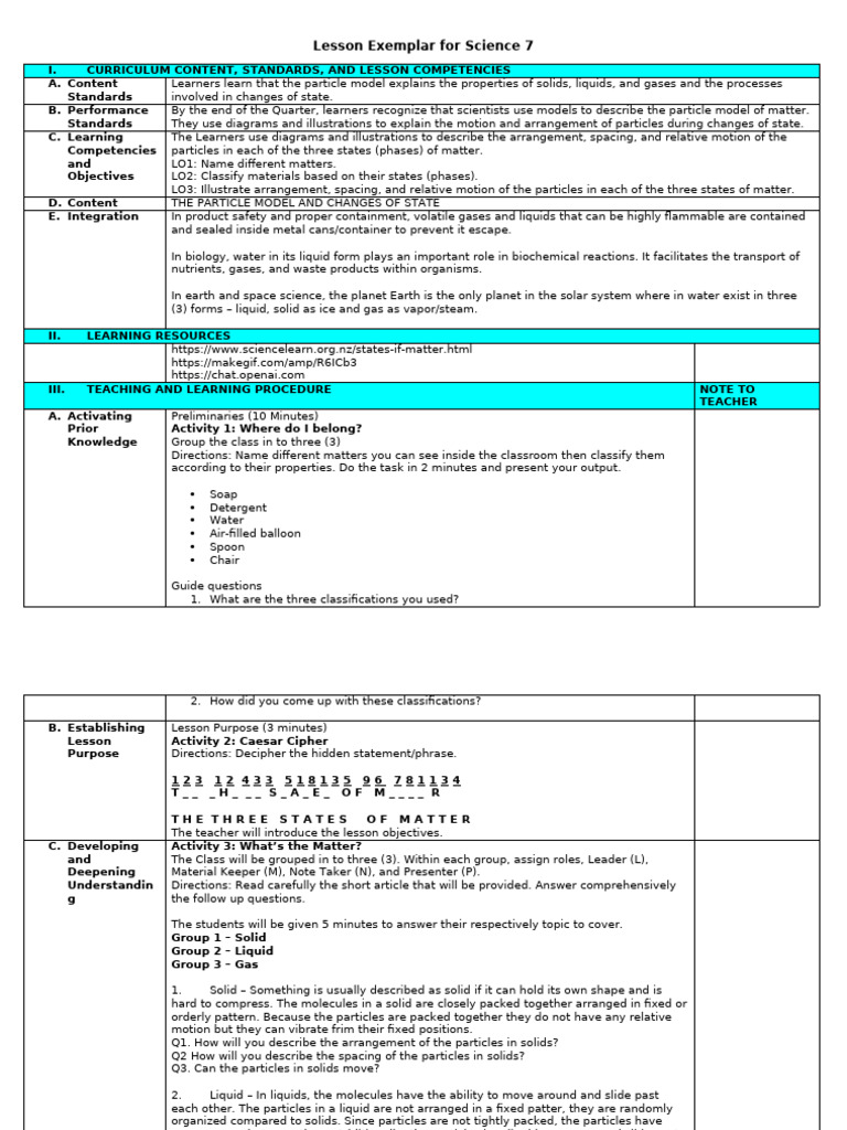 Lesson Exemplar For Science 7 | PDF
