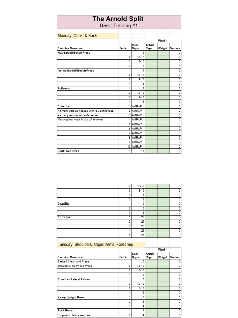 Arnold Split Workout Routine Spreadsheet Basic Training Program 1 