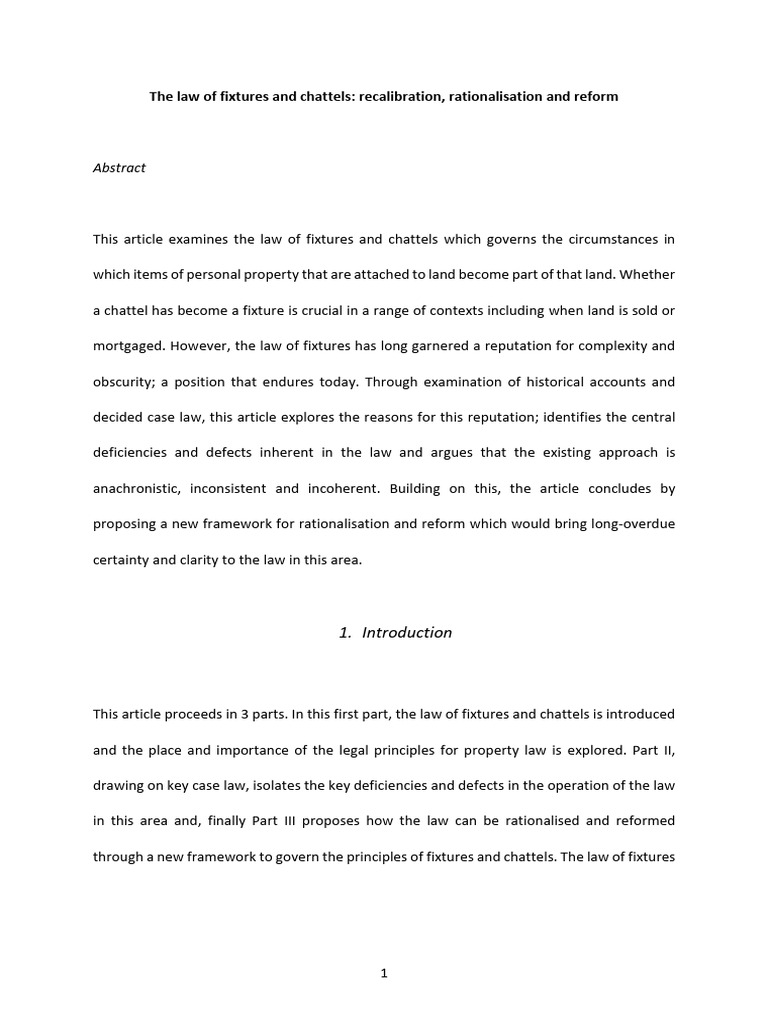 The law of fixtures and chattels recalibration rationalisation and