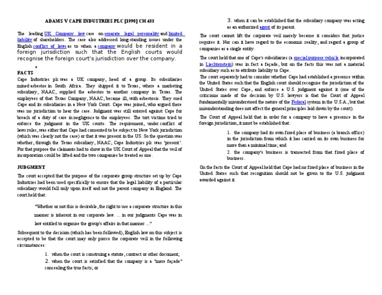 Adams V Cape Industries Plc 2003 Pdf Corporate Law Business Law