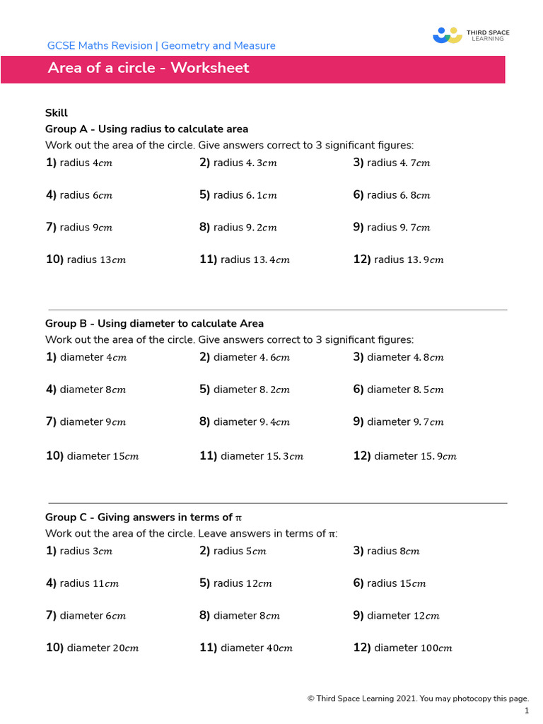 Area of A Circle GCSE Worksheet | PDF