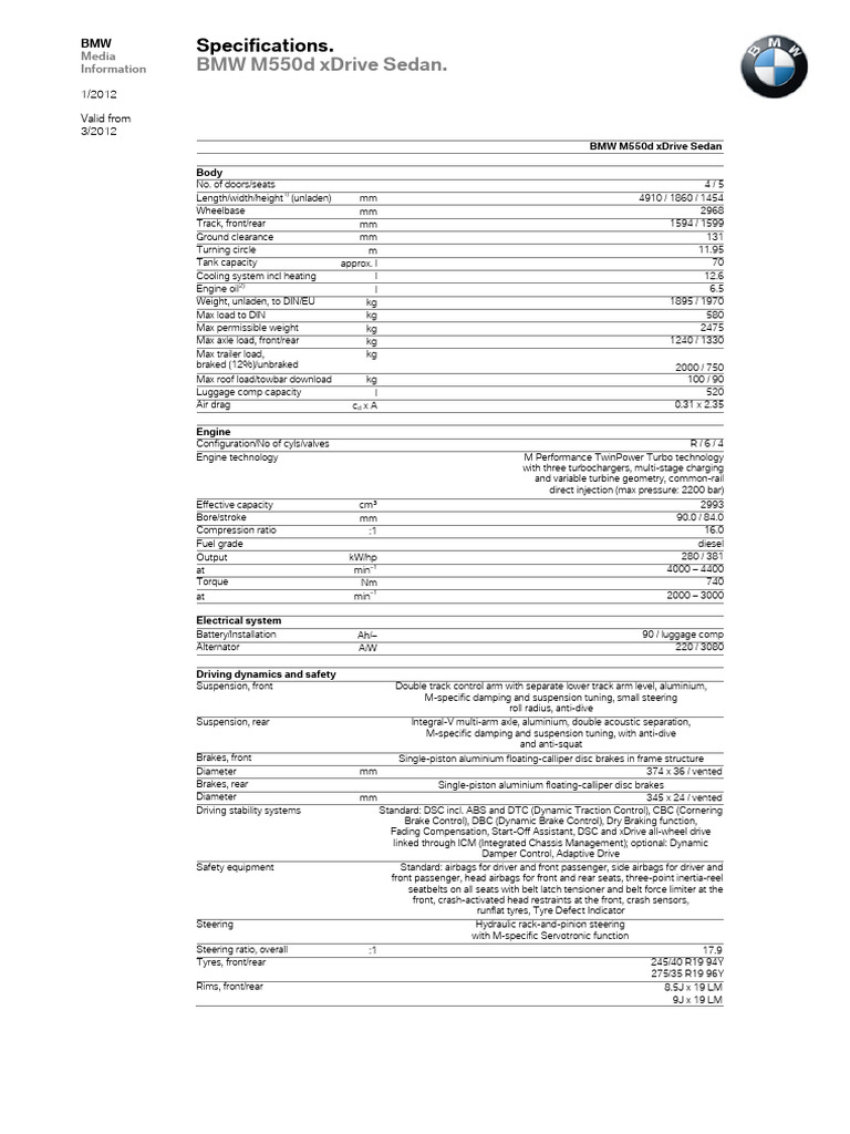 Specifications BMW M550d Xdrive Sedan F10 | PDF | Diesel Engine | Fuel ...