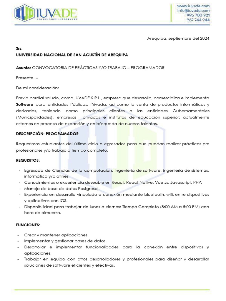 Convocatoria de Prácticas y - o Trabajo - Programador | PDF