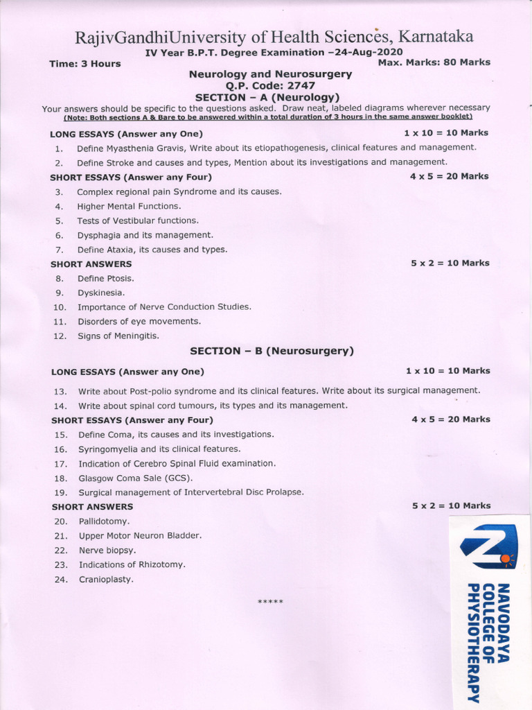 Rguhs 4th BPT Aug 2020 Qp-1 | PDF