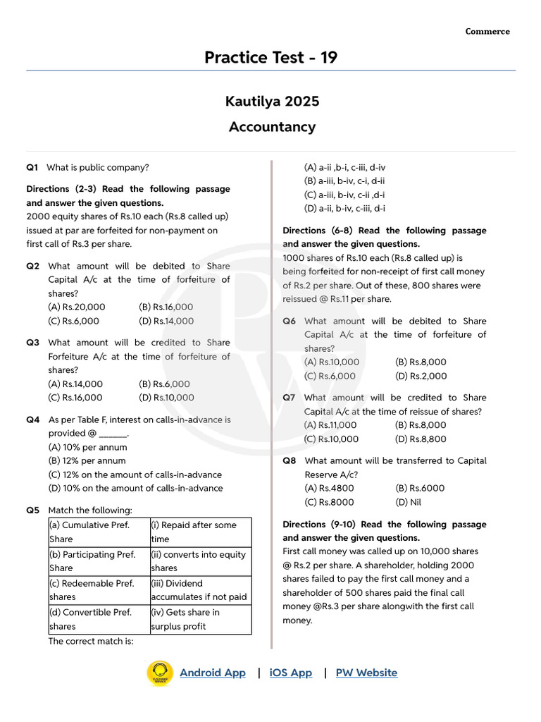 Practice Test 19 - Accountancy Test Paper - Kautilya 2025 | PDF