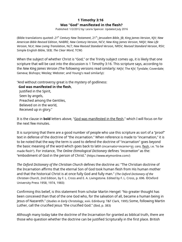 Was God Manifested In The Flesh 1 Timothy 3 16 Pdf