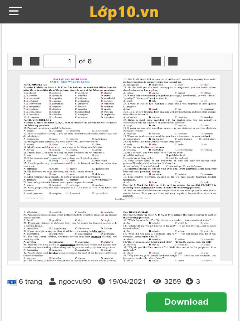 Bài tập Anh 10 thí điểm - Unit 8 New ways to learn | PDF
