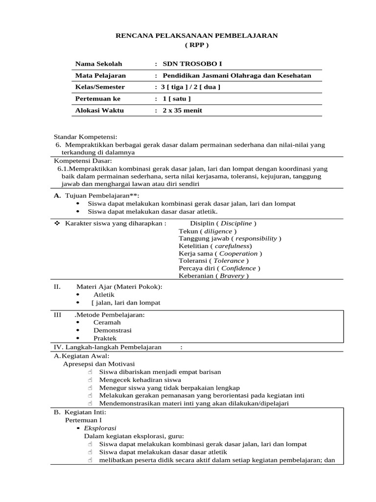 RPP Penjas Orkes Kelas 3. Semester 2 | PDF