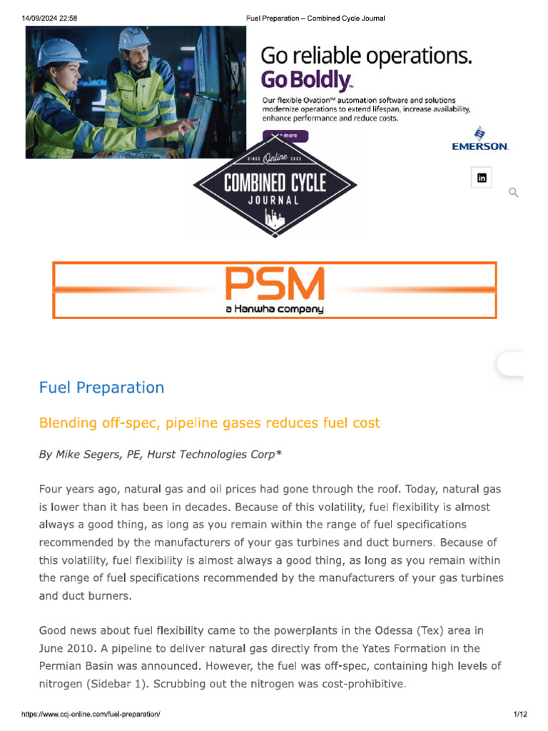 Fuel Preparation - Combined Cycle Journal | PDF