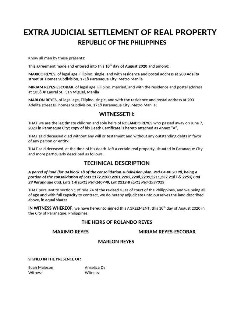 Extra Judicial Settlement of Estate | PDF