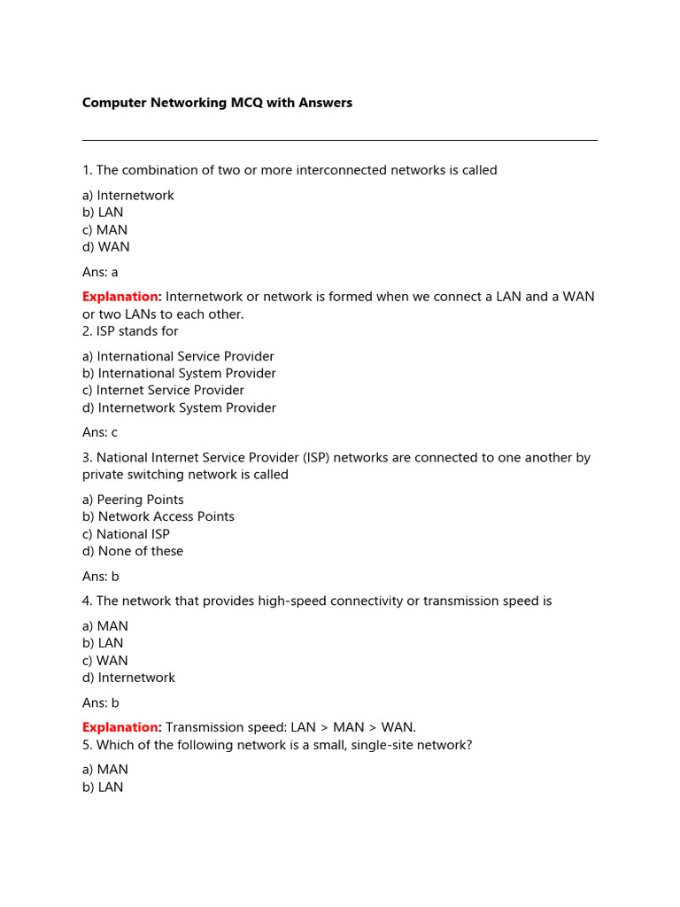 Computer networking mcq with answers pdf