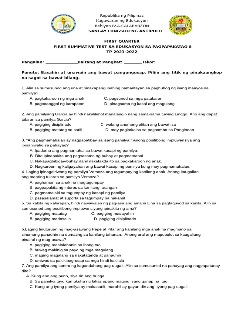 Esp 8 Summative Test | PDF