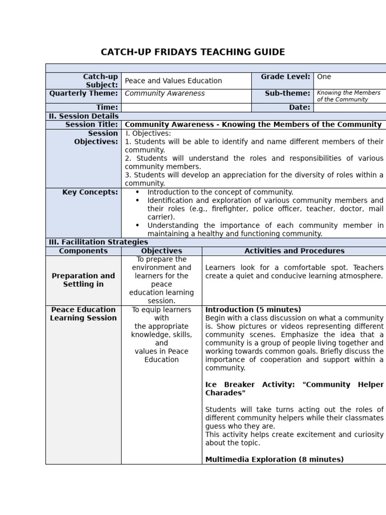 CATCH UP FRIDAY TEACHERS GUIDE Peace and Values Grade 1 | PDF ...