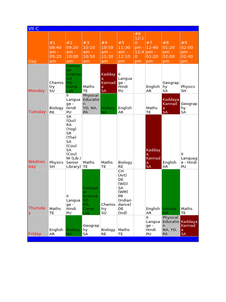 7C Time Table | PDF
