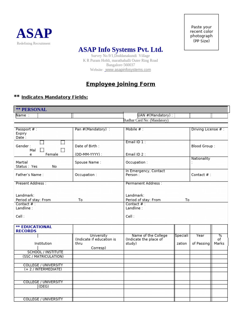 Employee Joining Form Template | PDF | Employment