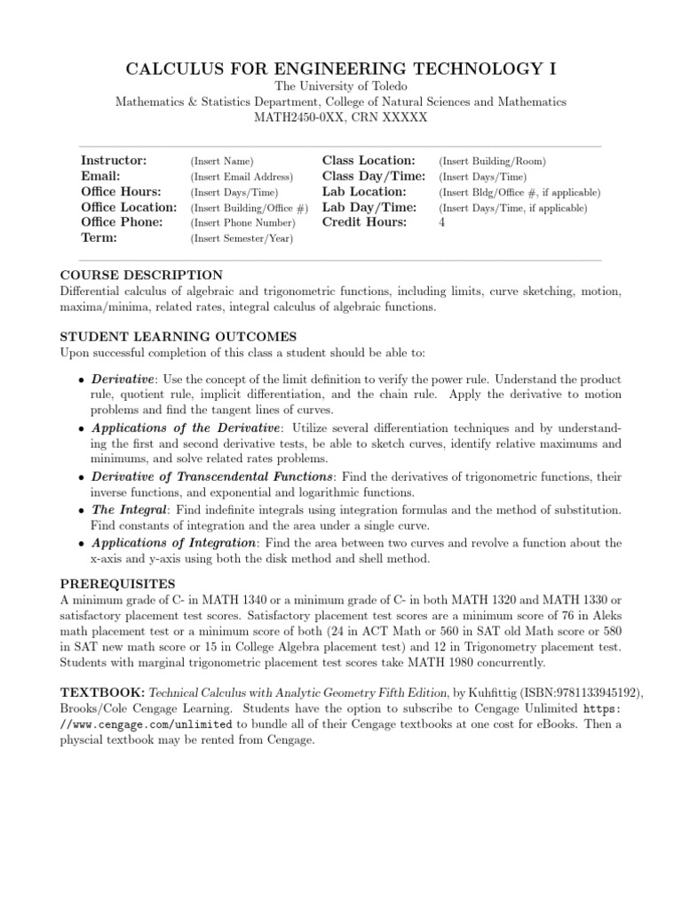Calculus for Engineering Tech I | PDF | Integral | Trigonometric Functions