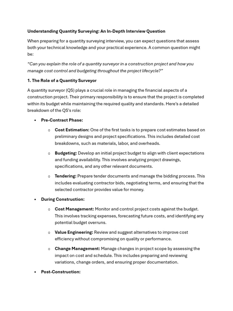 Understanding Quantity Surveying - An In-Depth Interview Question | PDF