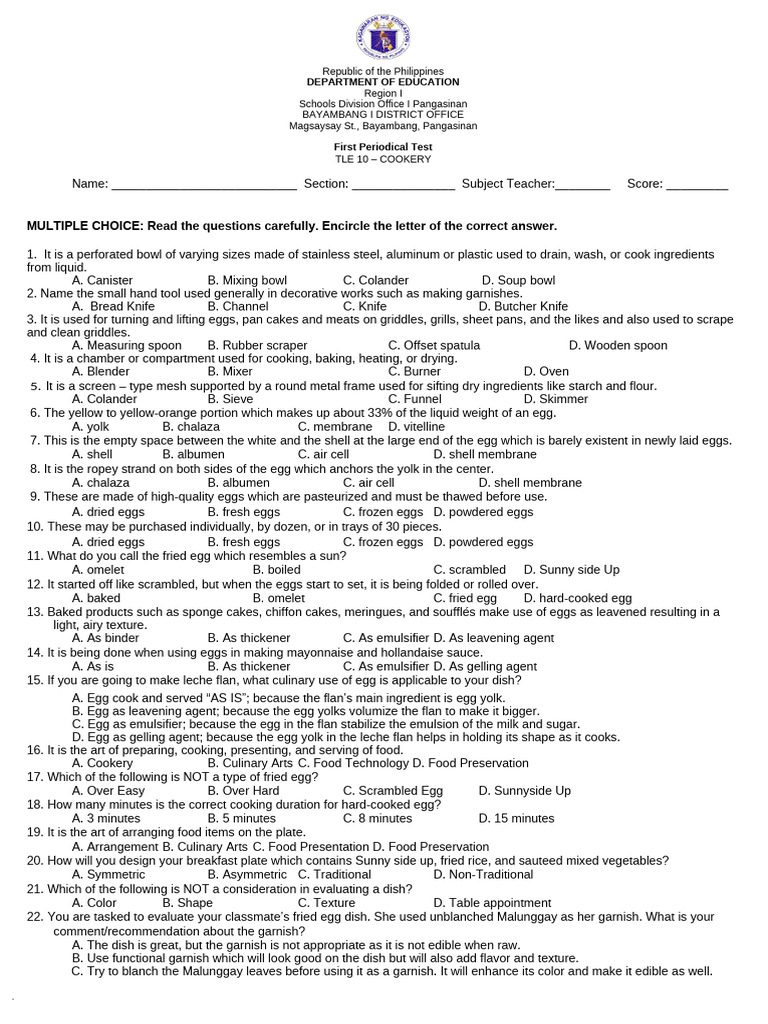 Tle 10 Cookery First Periodical Exam Pdf Cooking Starch