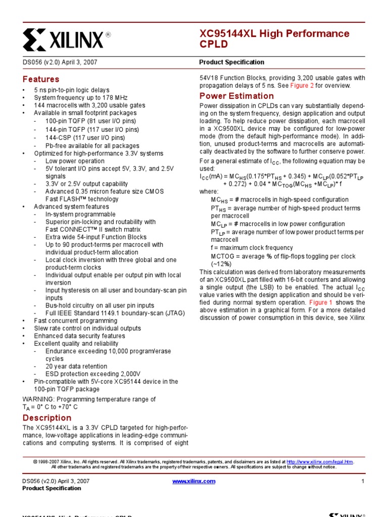 Xilinx XC9500XL Datasheet Input/Output Digital Electronics
