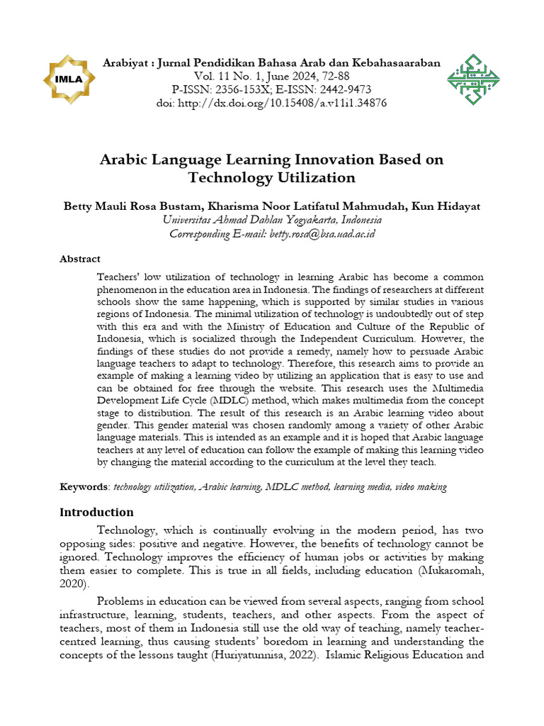 Arabic Language Learning Innovation Based On Technology Utilization | PDF