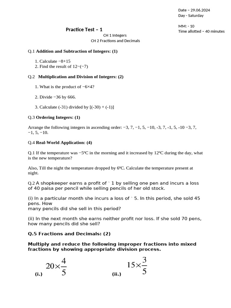 Practice test maths ch 1 pdf