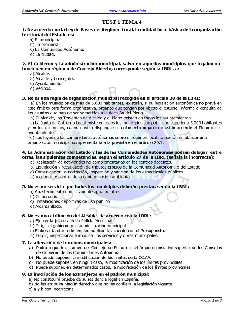 Test Tema Ley de Bases Del Régimen Local | PDF