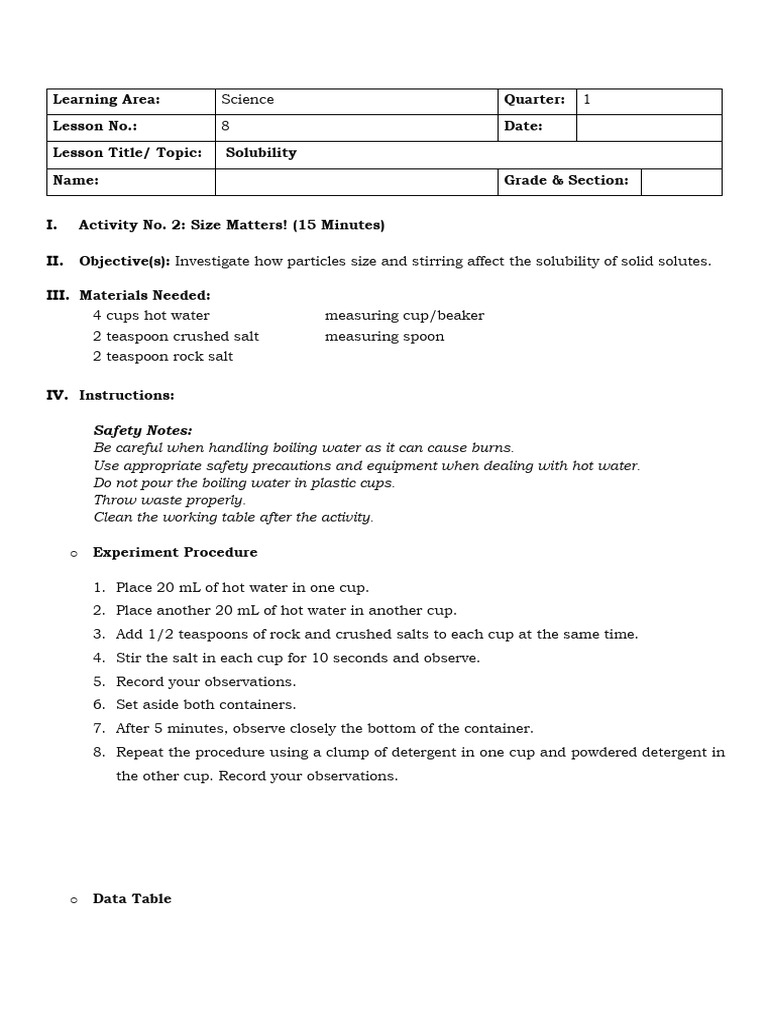 Q1 - WS - Science 7 - Lesson 8 - Week 8 | PDF