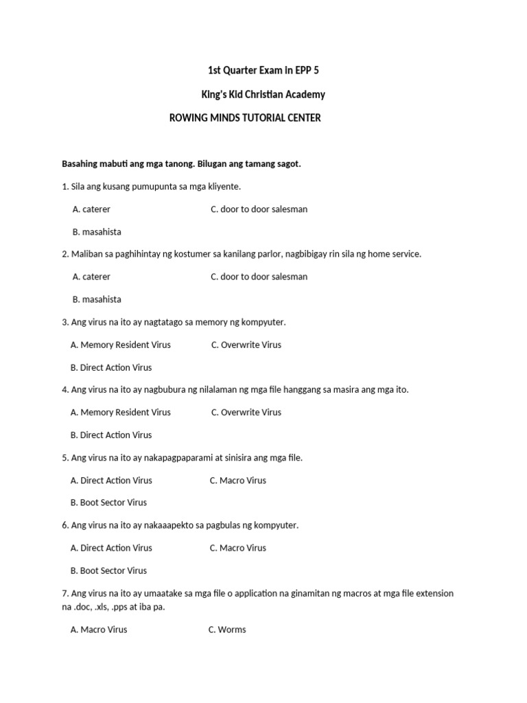 EPP 5 1st Quarter Exam Review | PDF | Computer Virus | Career & Growth
