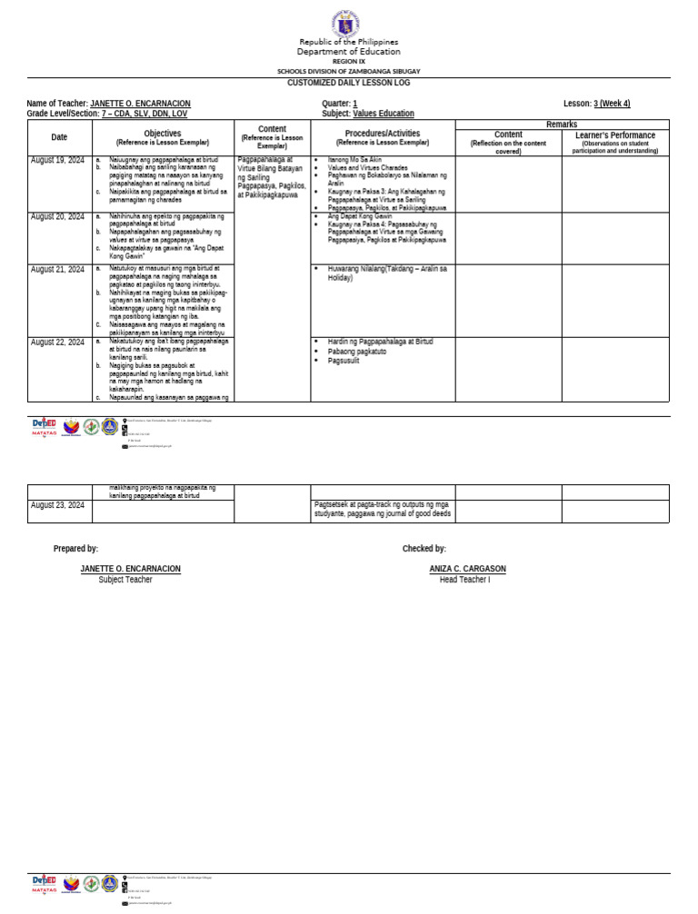 Values Education 7 Quarter I Week 4 Customized Dll Pdf