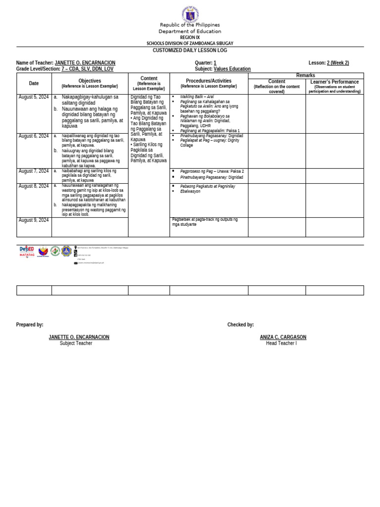 Values Education 7 Quarter I Week 2 Customized Dll Pdf