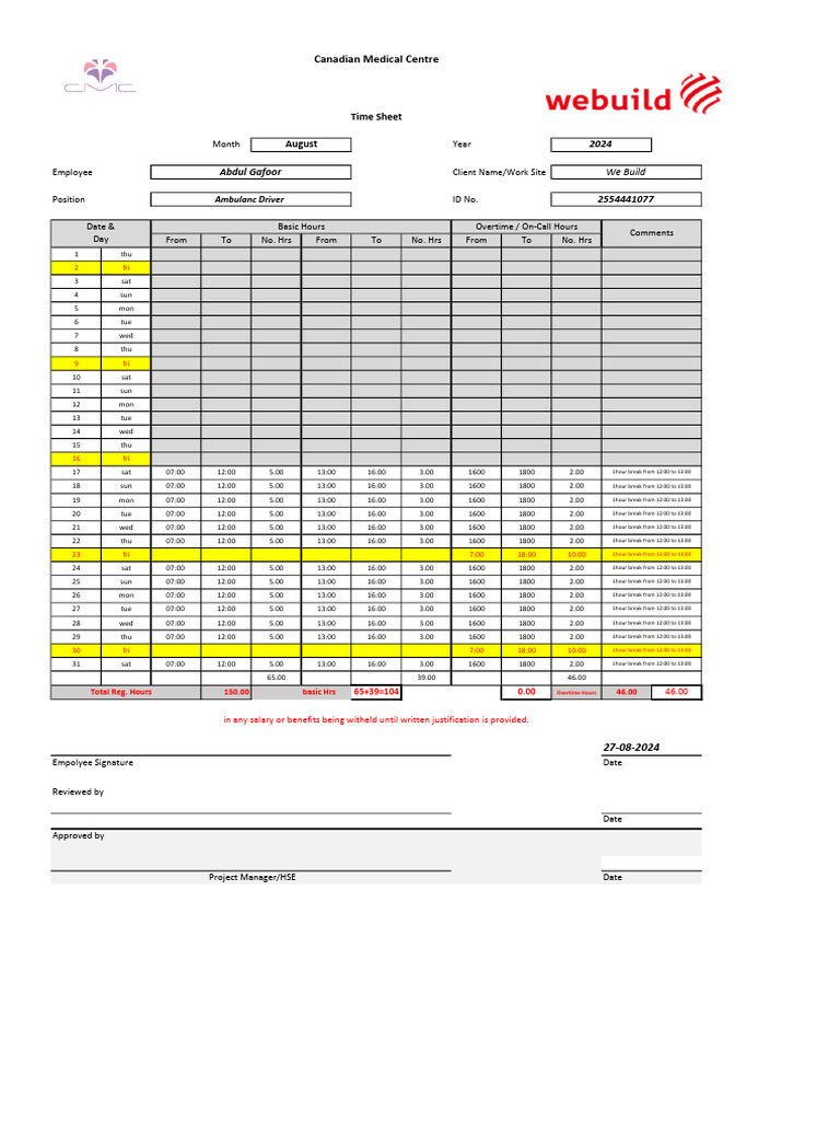 Abdul Gafoor Timesheet | PDF