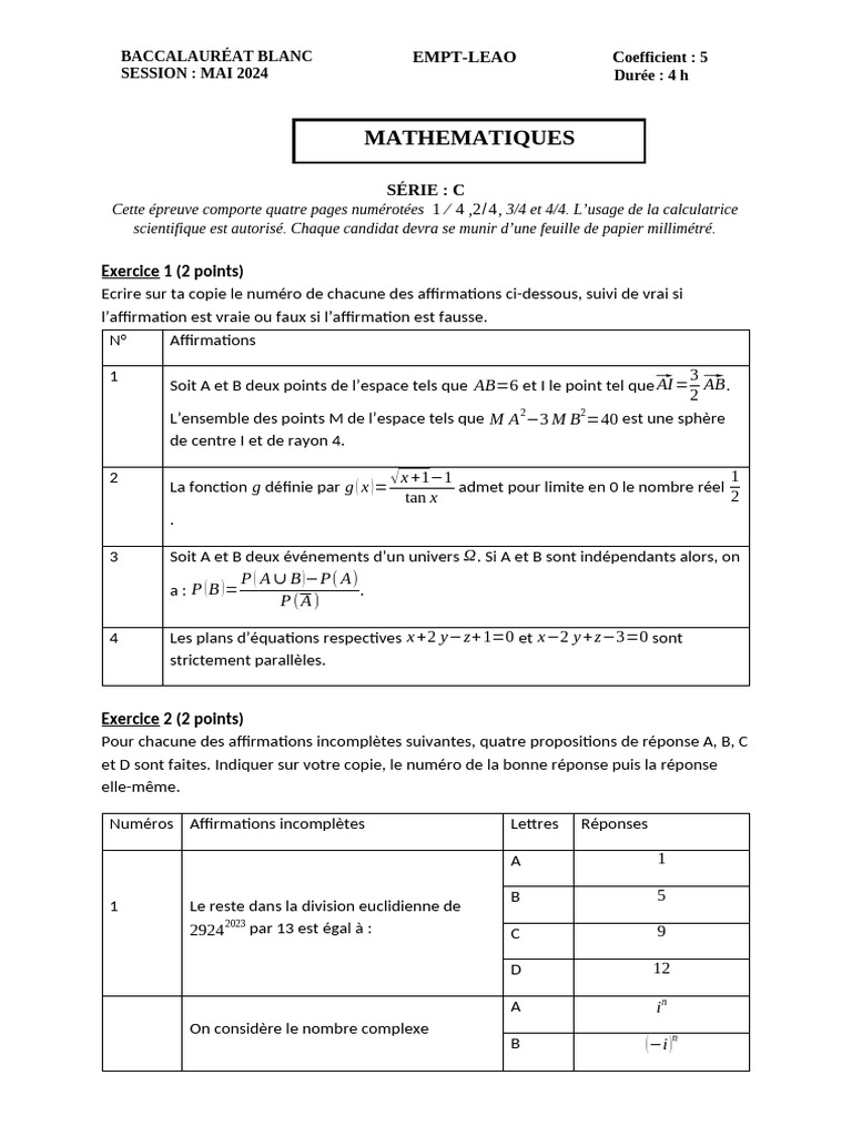Bac Blanc Mathématiques Série C 2024 | PDF | Coordonnées cartésiennes ...