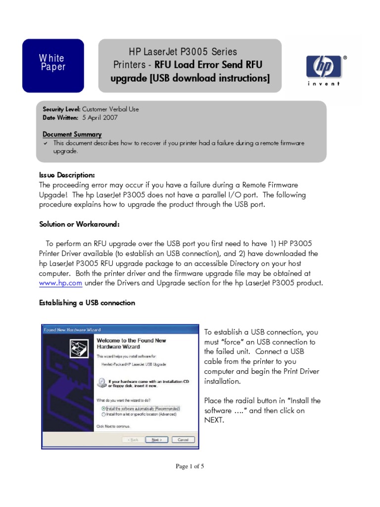 HP P3005 USB Firmware Upgrade Guide | PDF | Printer (Computing ...
