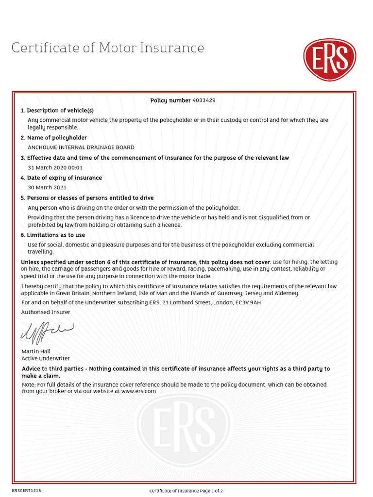 ERS Motor Insurance Certificate Details | PDF | Vehicle Insurance ...