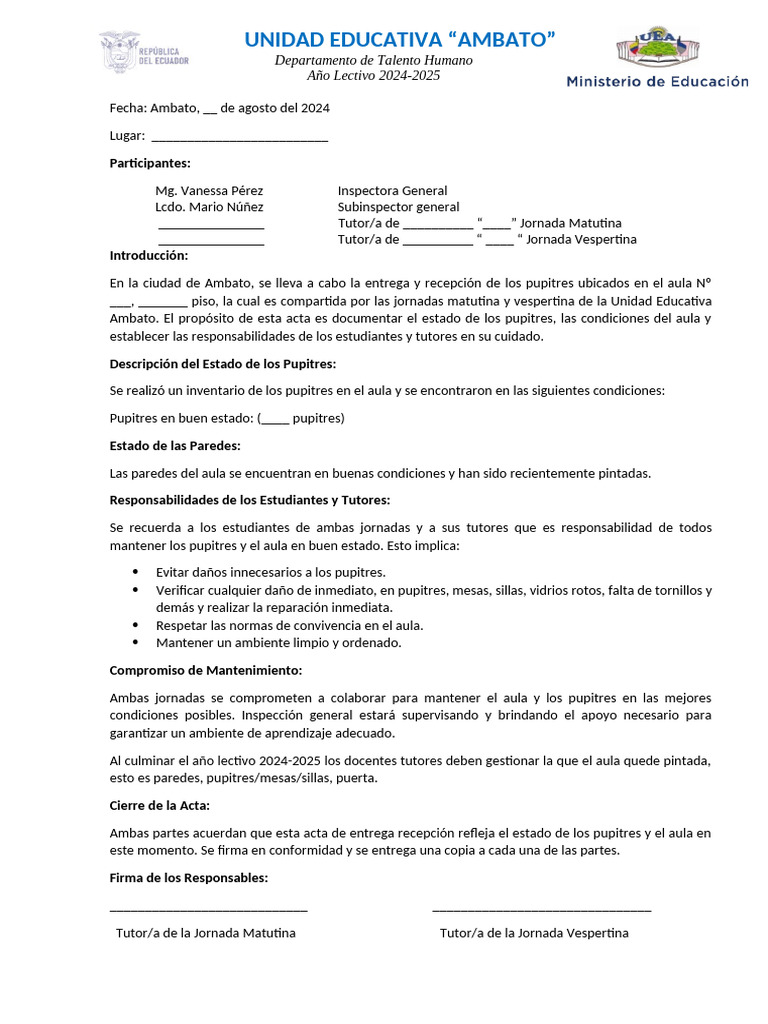 Acta Entrega de Aulas Inicio Año Lectivo 24 - 25 | PDF | Salón de clases