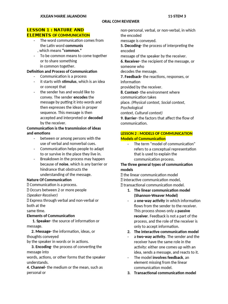 Oral Com Reviewer Ni Jolzyy | PDF | Communication | Nonverbal Communication