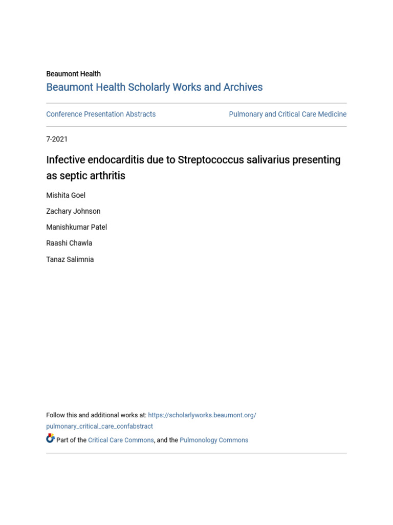 Infective Endocarditis Due To Streptococcus Salivarius Presenting | PDF