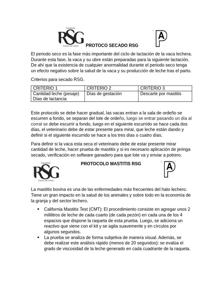 Protoco Secado RSG y Mastitis | PDF