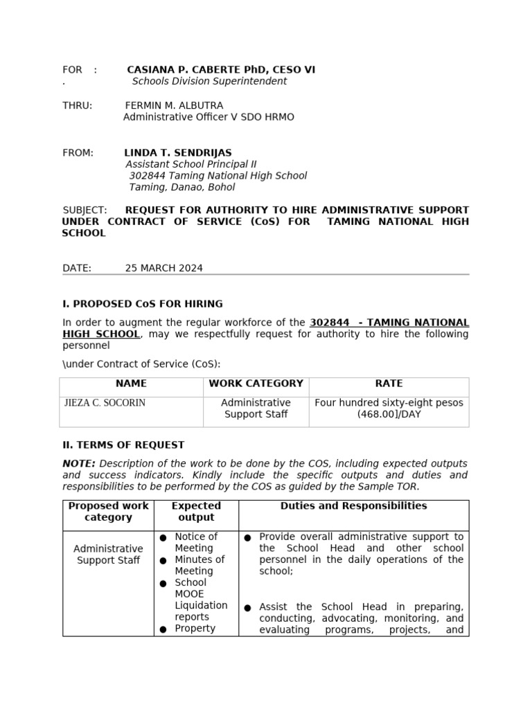 1 Sample Authority To Hire Admin Support Staff in Schools Under COS | PDF
