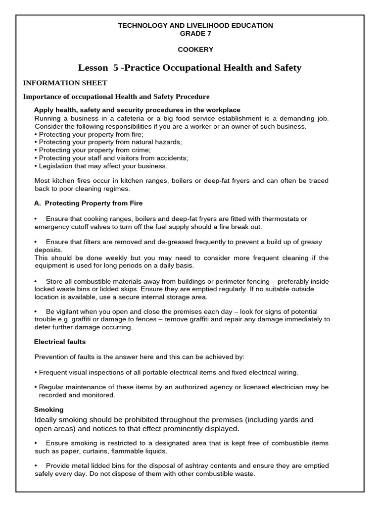 First Quarter - Lesson 5 Practice Occupational Health and Safety | PDF