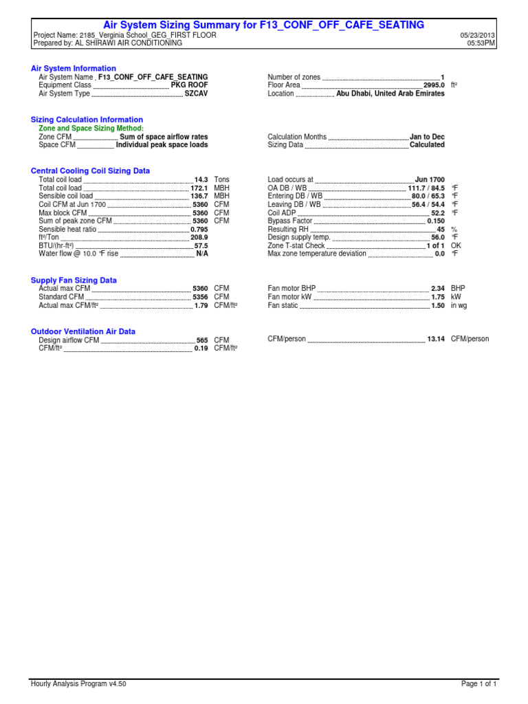 Air System Sizing Summary For F13 - CONF - OFF - CAFE - SEATING | PDF