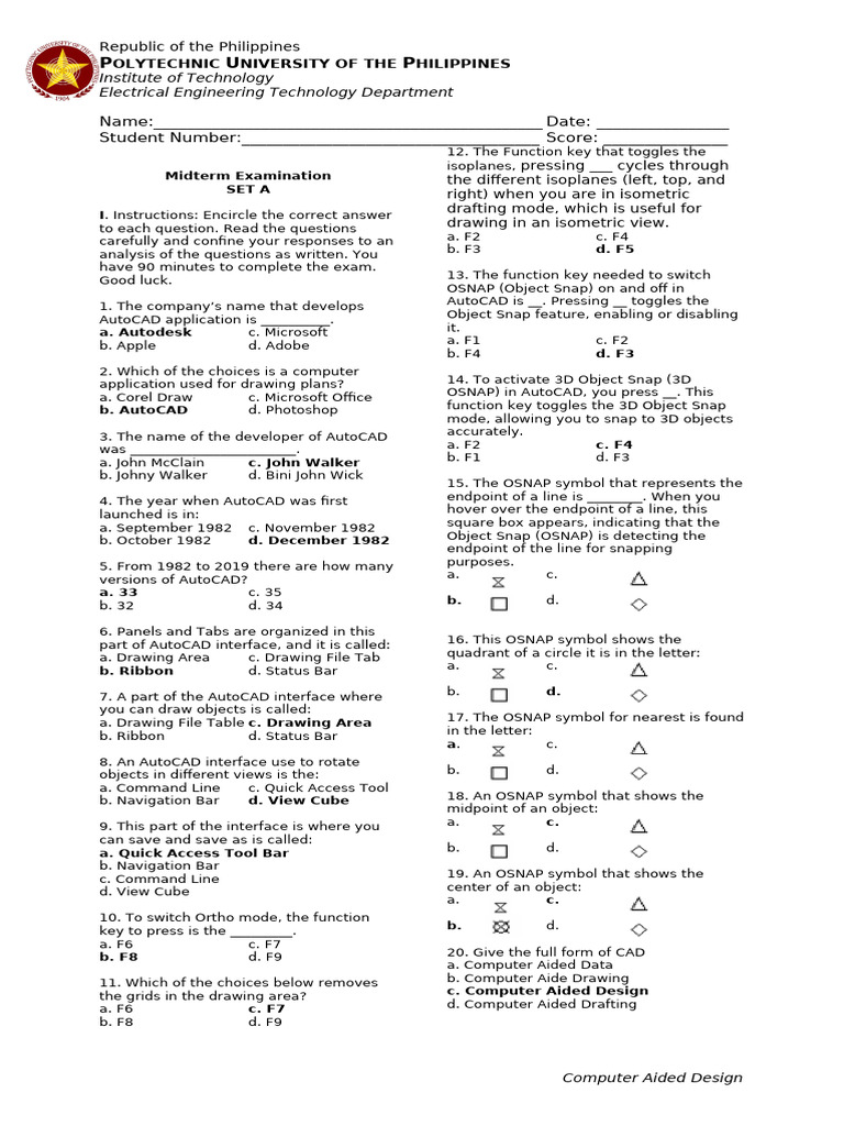 CAD - Midterm Answer Key SET A | PDF