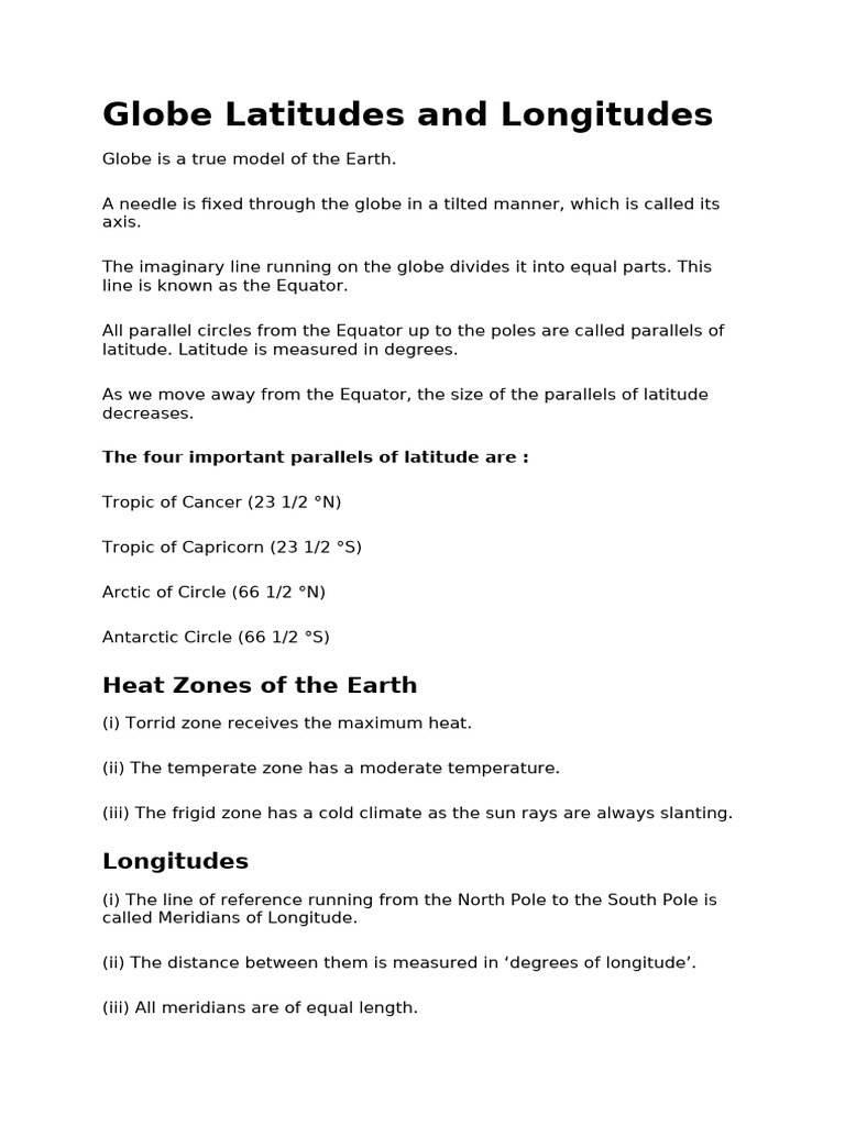 Notes Globe Latitudes and Longitudes | PDF