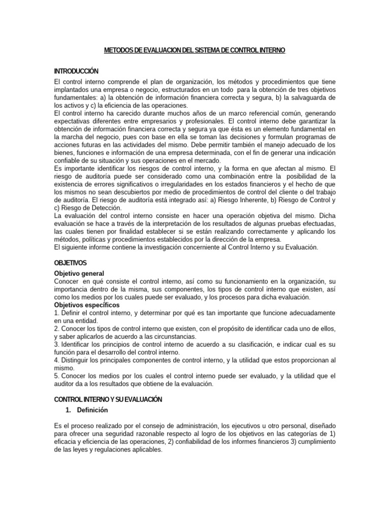 Metodos de Evaluacion Del Sistema de Control Interno | PDF | Auditoría ...
