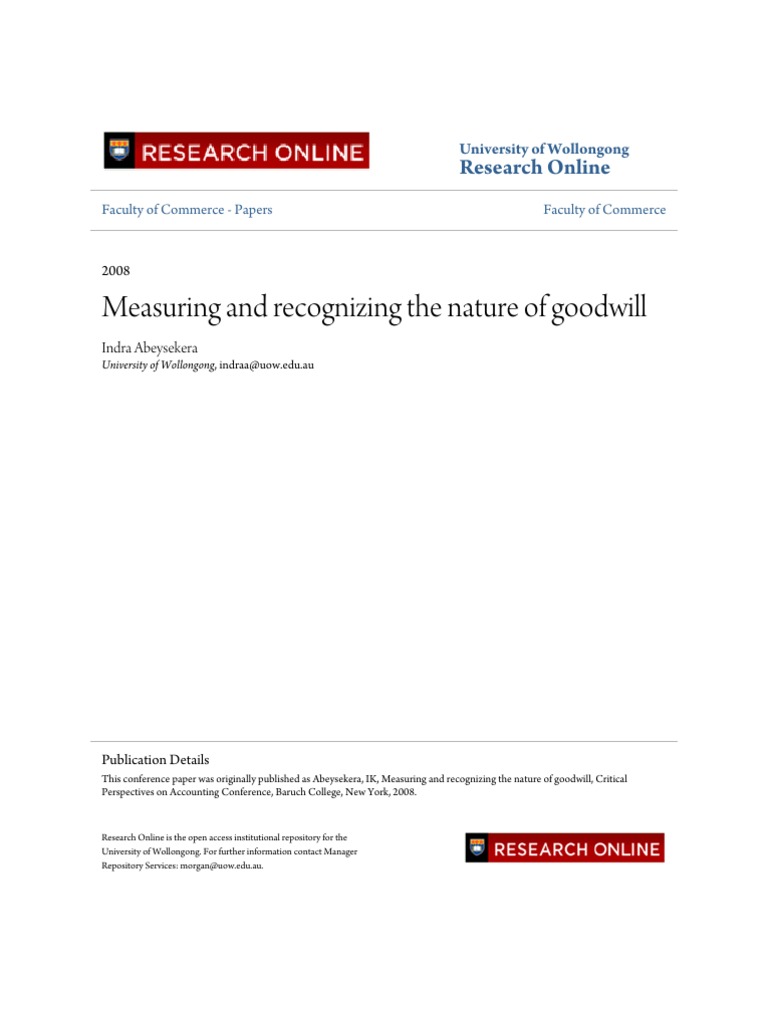 Measuring And Recognizing The Nature Of Goodwill Research Online Pdf