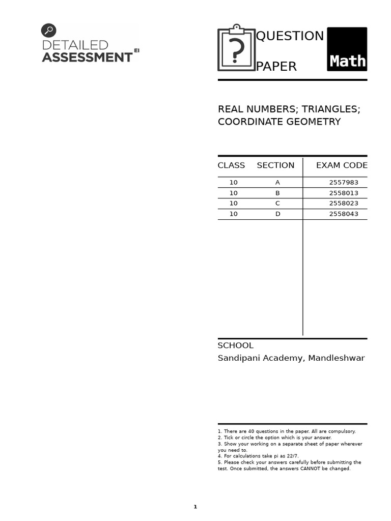 Real Numbers Triangles Coordinate Geometry: Class Section Exam Code | PDF